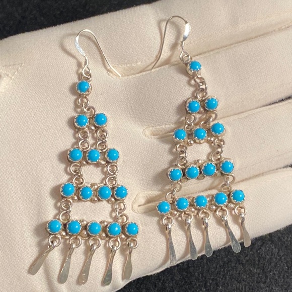 Sylvia Chee Zuni Kingman Turquoise Sterling Silver Chandelier Earrings - Picture 5 of 9